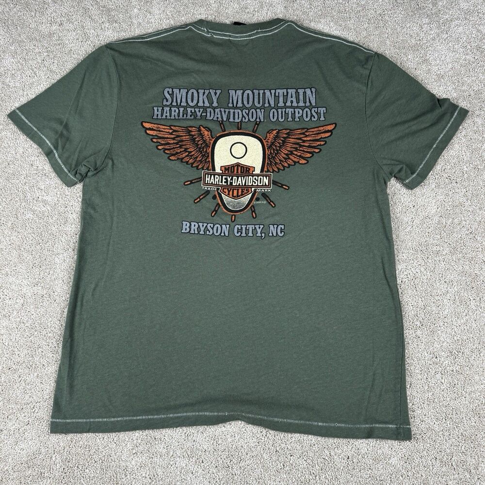 Harley Davidson T-Shirt Large Green Classic Logo Smokey Mountain Bryson City NC